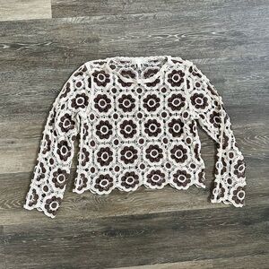 ADIVA Crochet Floral Lace Top Brown Cream Long Sleeve Boho Cottagecore Large